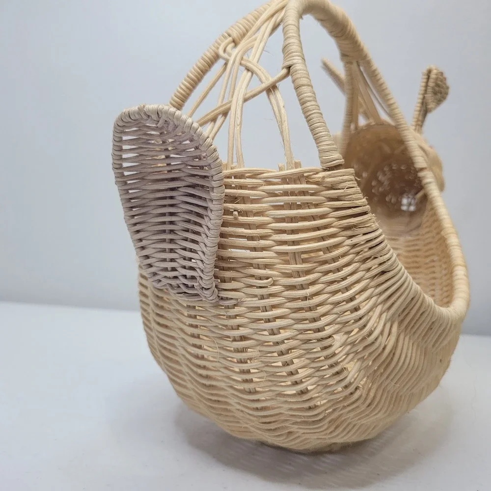 Vintage Woven Wicker Bunny Rabbit Easter Basket Pink Button Eyes‎ 13 Inch